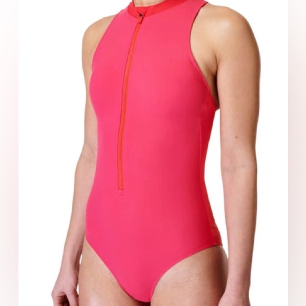 Sweaty Betty Vista High Neck Zip-up One-piece Swimsuit in Pink size 8 / M